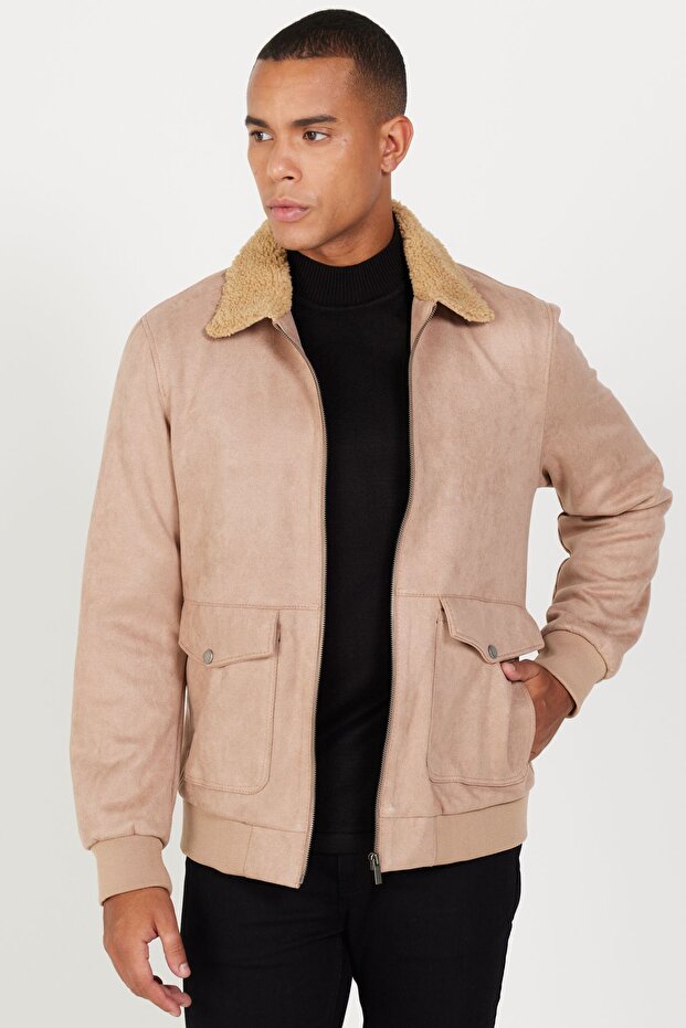 Men's Beige Standard Fit Regular Cut Shirt Collar Suede Look Coat