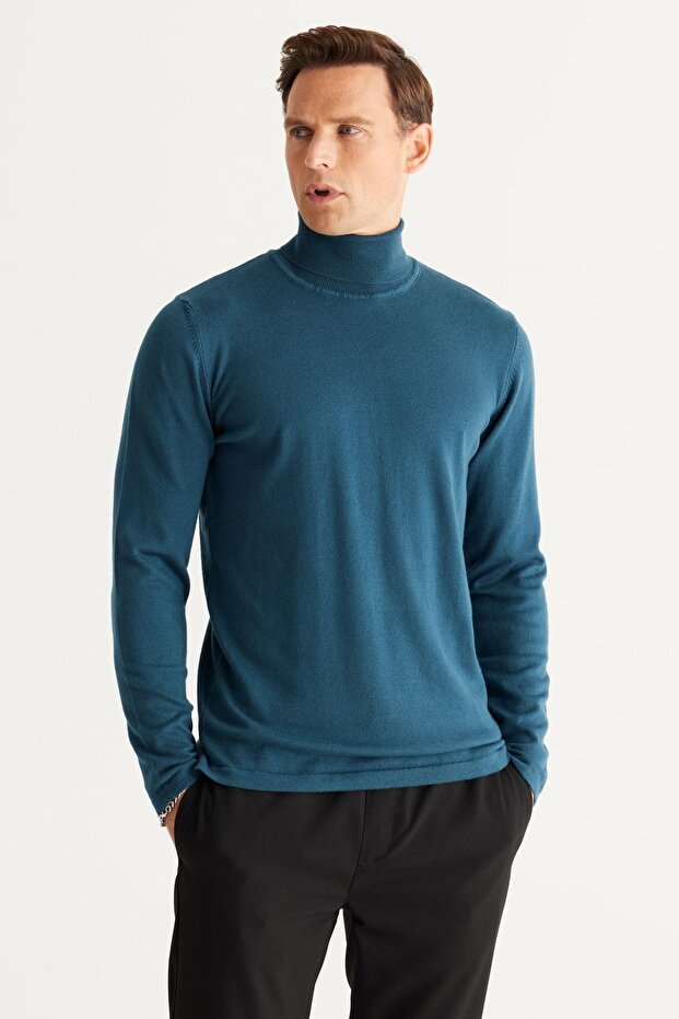 Men's Petrol Standard Fit Normal Cut Full Turtleneck Knitwear Sweater