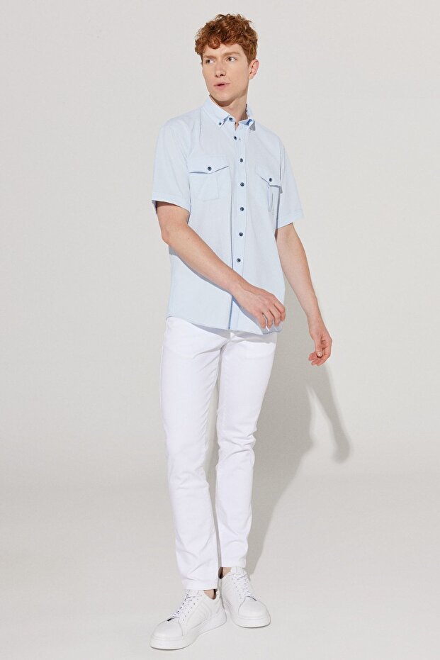 Erkek Mavi Comfort Fit Rahat Kesim Düğmeli Yaka Kısa Kollu Cepli Gömlek - 2