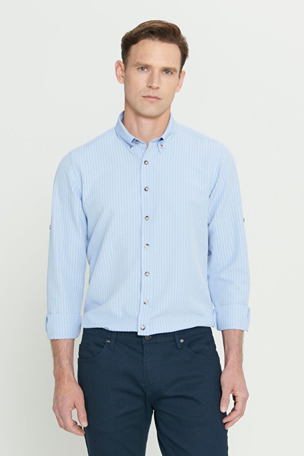 Men's Navy Blue Non-Wrinkle Oxford Seersucker Print Slim Fit Slim Fit Buttoned Lapel Stretchy Shirt