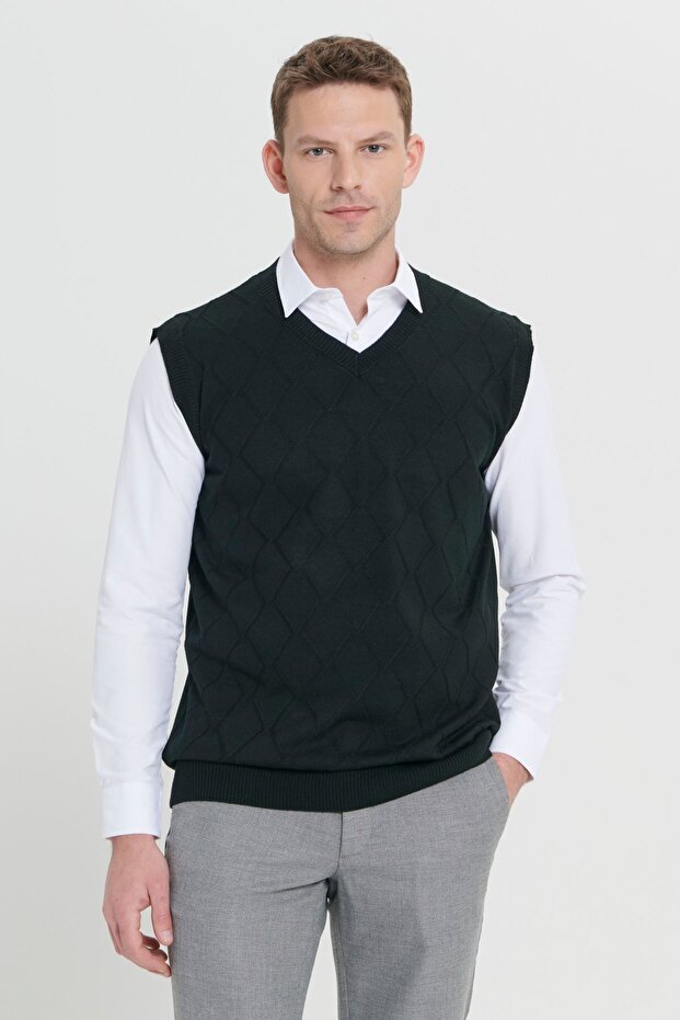 Men's Black Standard Fit Regular Cut V-Neck Knitwear Sweater