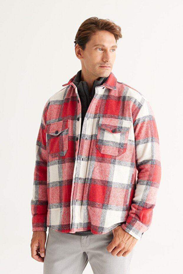 Herren-Winter-Hemdjacke in Übergröße in Ecru mit lockerem Schnitt und Knopfkragen in Rot - 3