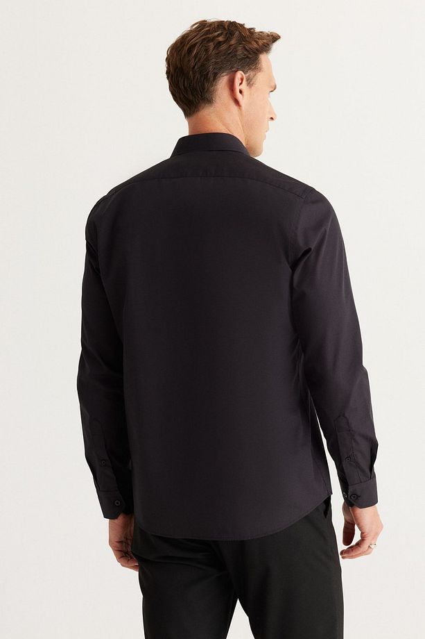 Erkek Siyah Ütülemesi Kolay Non-Iron Slim Fit Dar Kesim Klasik Yaka Pamuklu Gömlek - 7