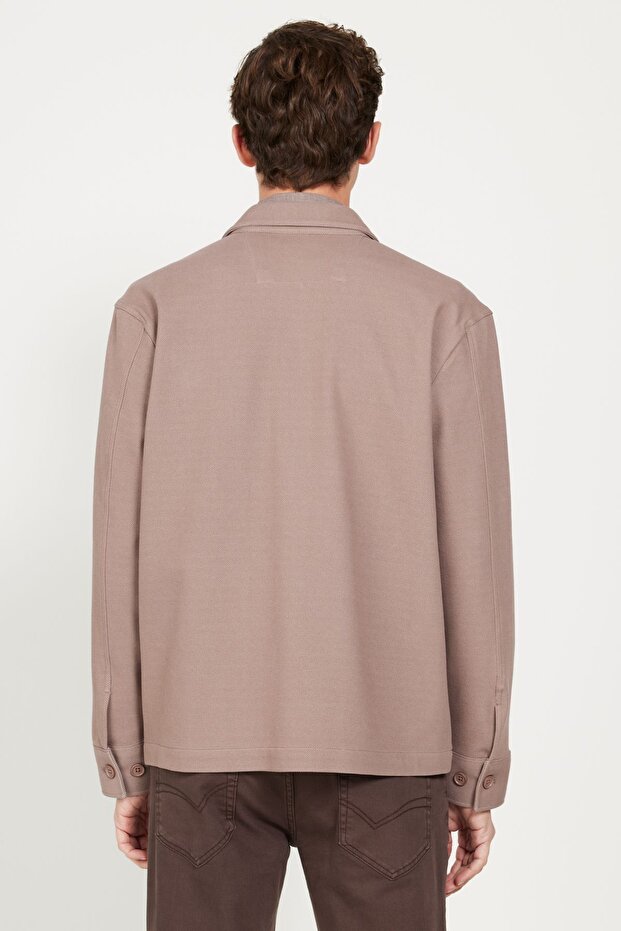 Erkek Koyu Bej Oversize Fit Bol Kesim Klasik Yaka Pamuklu Desenli Gömlek Ceket - 7