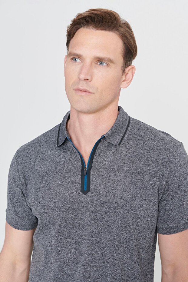 Erkek Antrasit-melanj Slim Fit Dar Kesim Fermuarlı Polo Yaka Pamuklu Kısa Kollu Tişört - 4