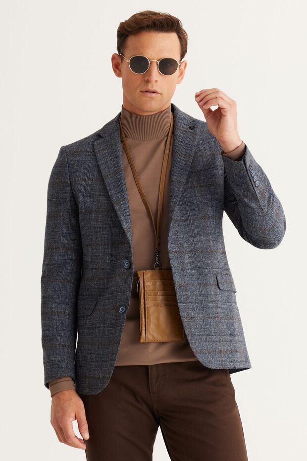 Erkek Mavi-kahverengi Yünlü Slim Fit Dar Kesim Mono Yaka Kapak Cep Ceket - 4
