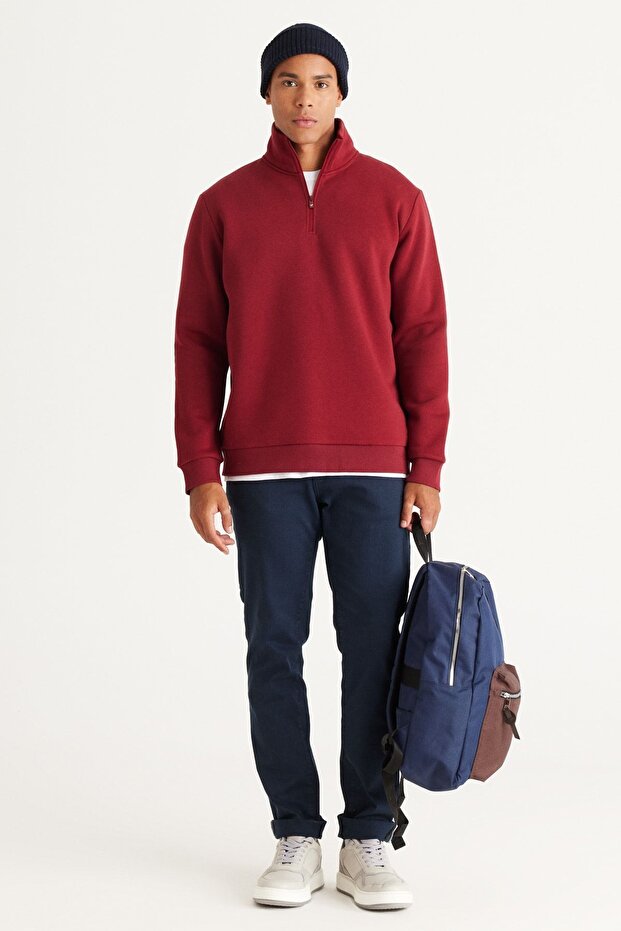 Erkek Bordo Standart Fit Normal Kesim Içi Polarlı Fermuarlı Dik Bato Yaka Pamuklu Sweatshirt - 4