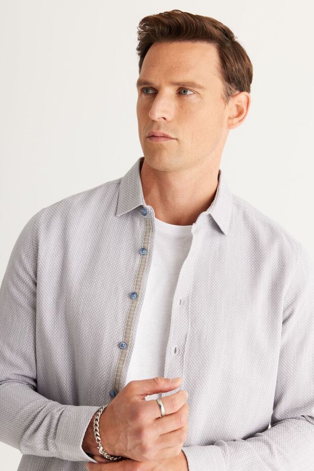 Erkek Gri Slim Fit Dar Kesim Klasik Yaka %100 Pamuk Armürlü Gömlek - 4