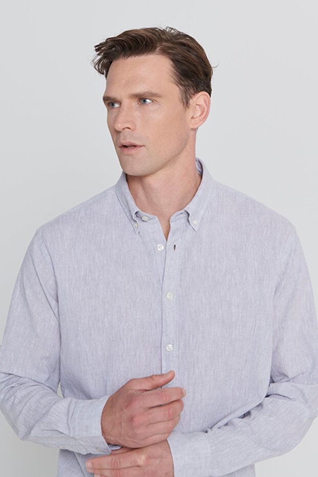 Erkek Gri Keten Comfort Fit Rahat Kesim Düğmeli Yaka Casual Gömlek - 4