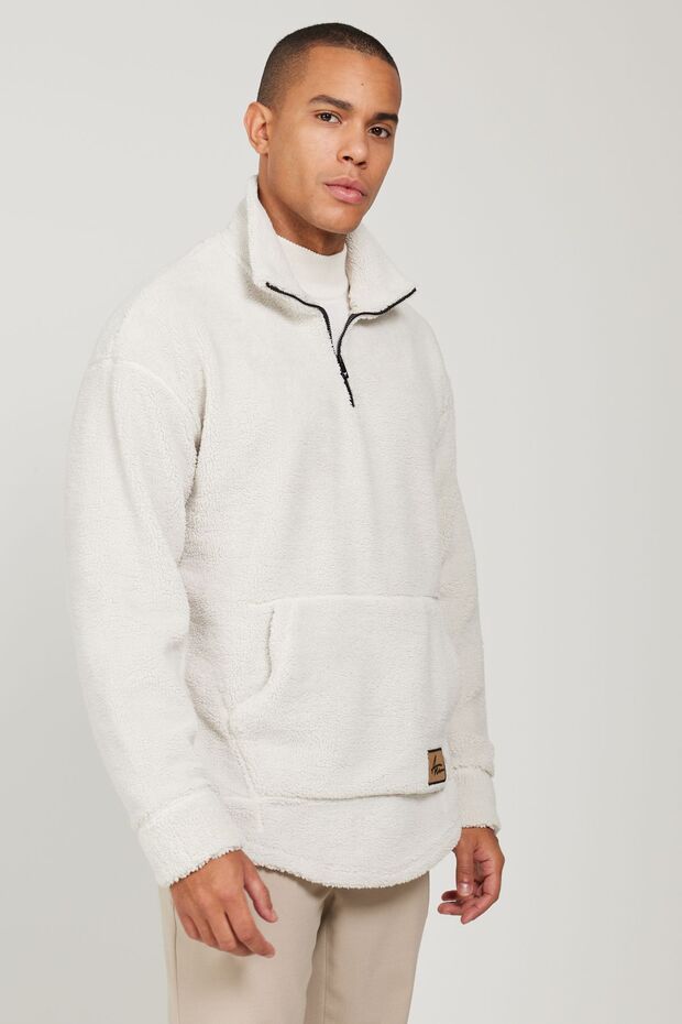 Męska beżowa bluza oversize o luźnym kroju ze stójką i kołnierzem typu bato, polarowa bluza typu sherpa - 4