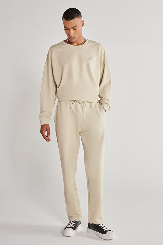 Unisex Beige Standard Fit Regular Cut Pocketed Cotton Stretchy Sweatpants