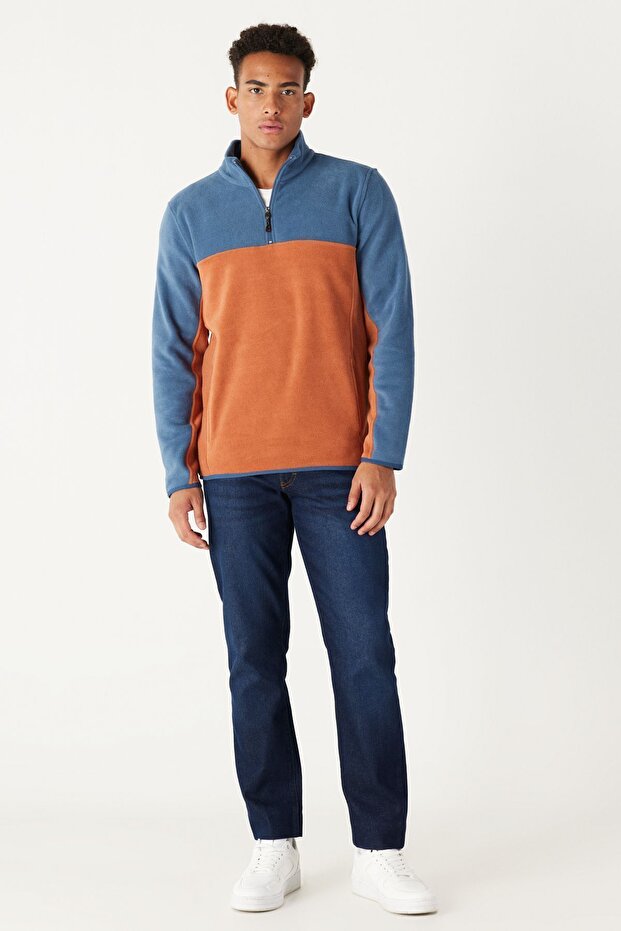 Erkek Indıgo-kıremıt Standart Fit Normal Kesim Günlük Rahat Çift Renkli Polar Spor Sweatshirt - 2