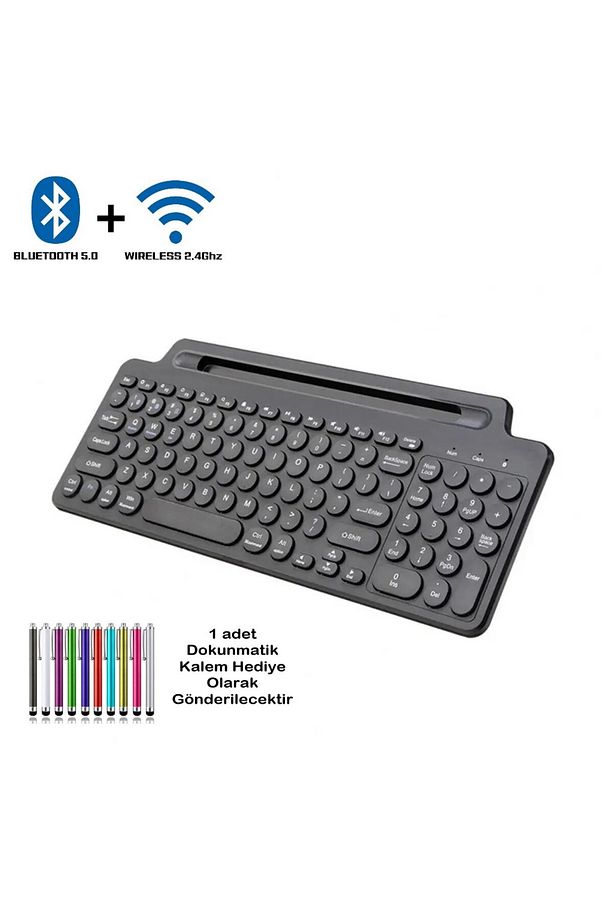 Bluetooth Klavye +2.4Ghz Kablosuz Kendinden Standlı Tablet Telefon Tv PC Android IOS Windows Numerik - 1
