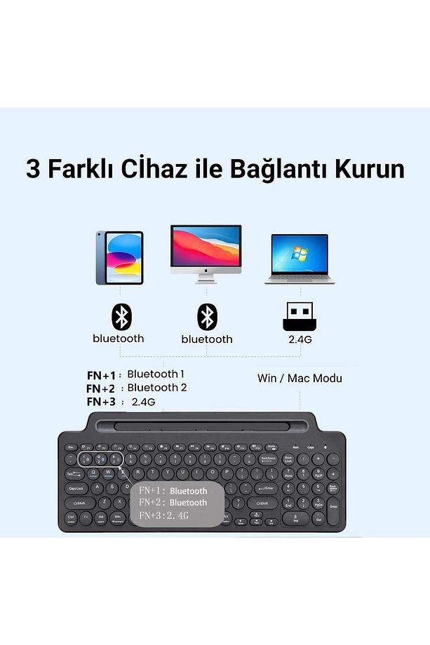 Bluetooth Klavye +2.4Ghz Kablosuz Kendinden Standlı Tablet Telefon Tv PC Android IOS Windows Numerik - 2