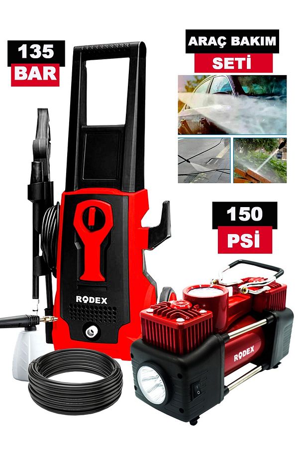 RDX 135 Bar Yüksek Basınçlı Araç Yıkama + 150 Psi Çift Pistonlu Kompresör Lastik Şişir - 1