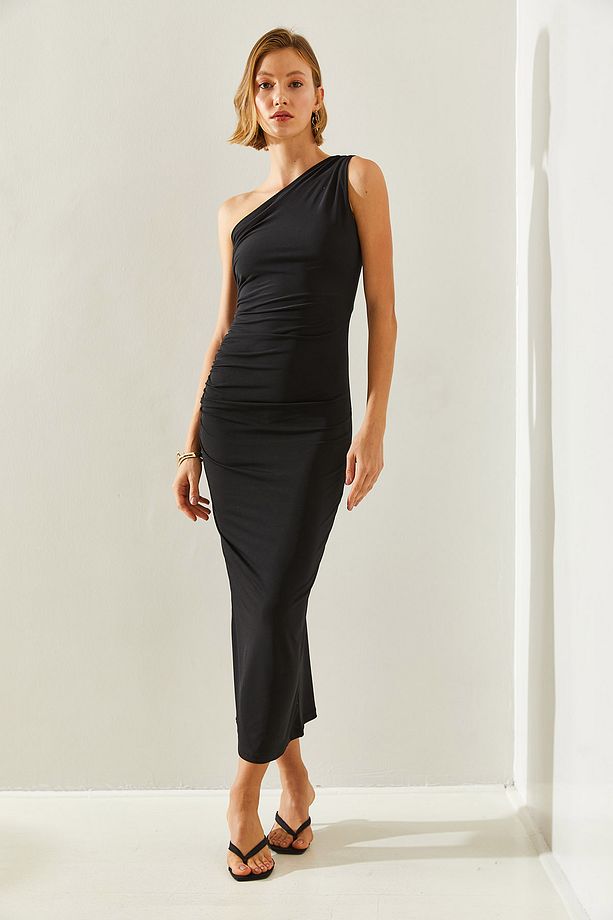 Kadın Polo Tek Omuz Drape Detaylı Midi Boy Elbise 60251437 - 2