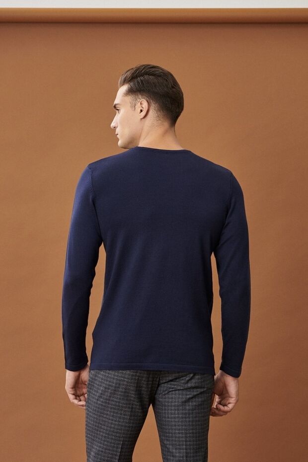 Erkek Lacivert Standart Fit Normal Kesim Bisiklet Yaka Desensiz Basic Triko Kazak - 4