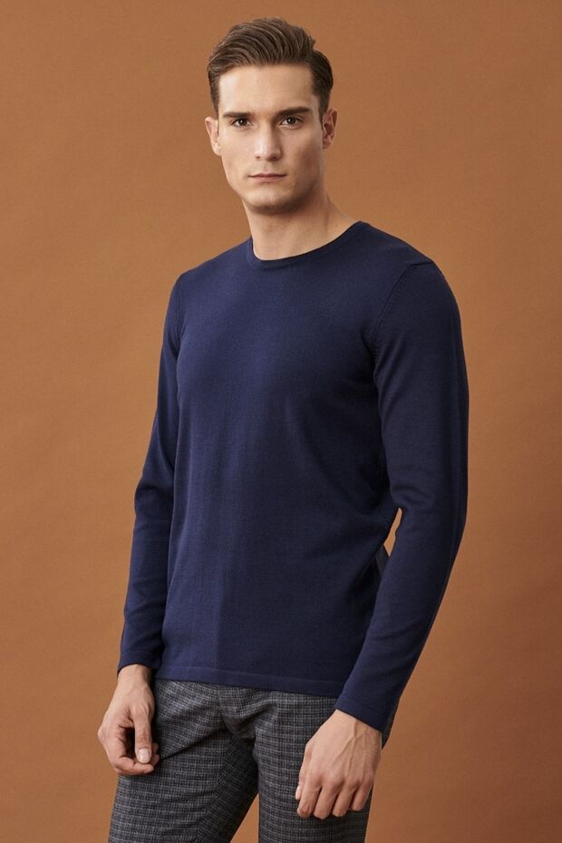 Erkek Lacivert Standart Fit Normal Kesim Bisiklet Yaka Desensiz Basic Triko Kazak - 2