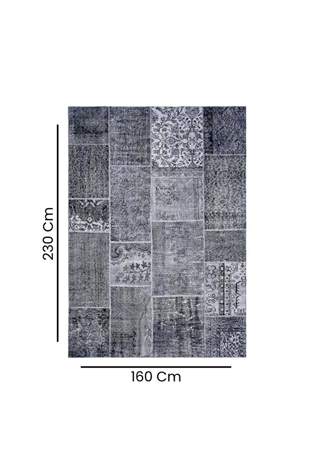 Kadife Patchwork Halı - Gri - - 5