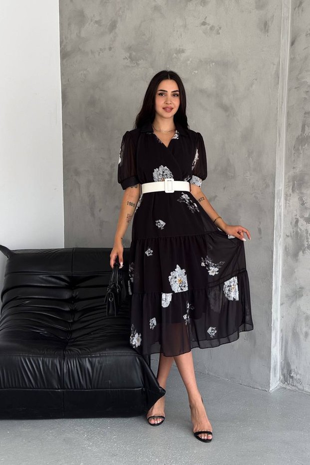 Women's belted shirt collar pattern chiffon dress nbq011