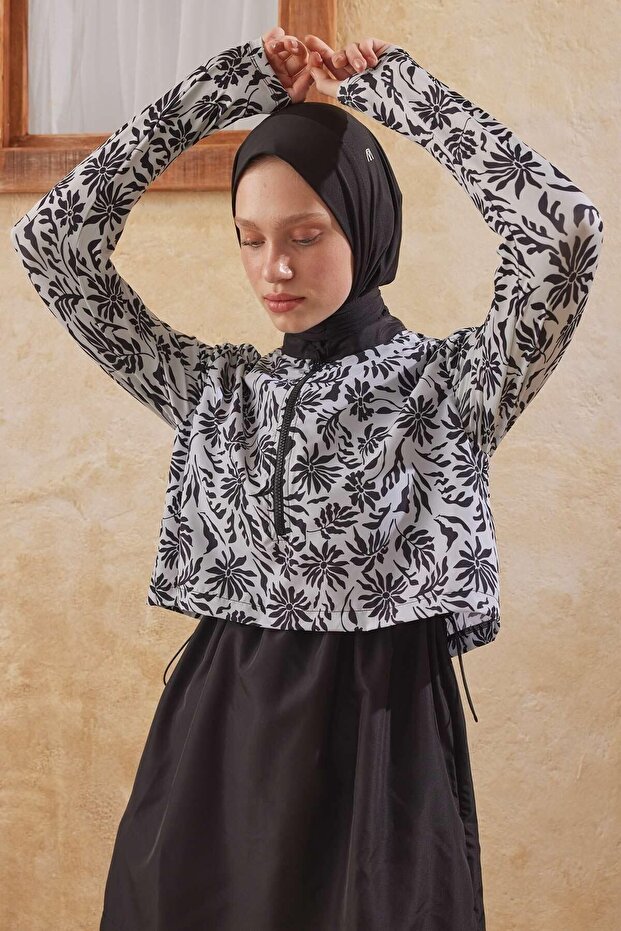 Μαγιό 3 τεμαχίων Floral Ecru Hijab - Ύφασμα Parachute - 7