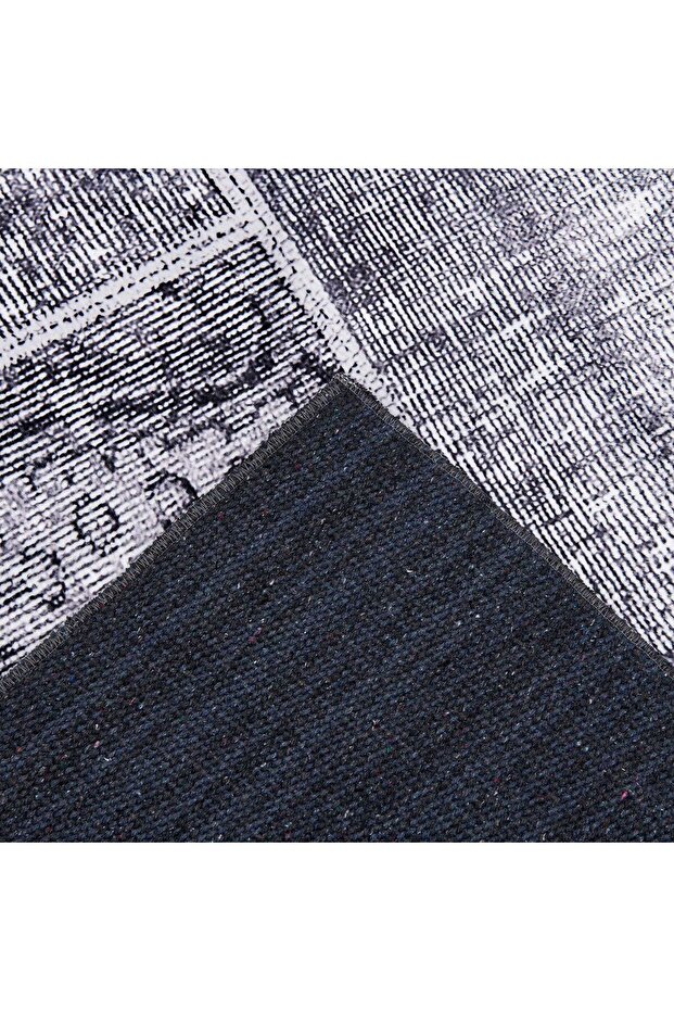 Kadife Patchwork Halı - Gri - - 3