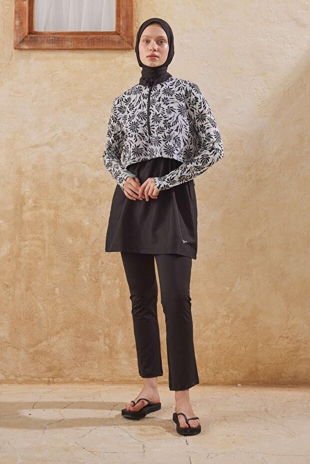 Μαγιό 3 τεμαχίων Floral Ecru Hijab - Ύφασμα Parachute - 2