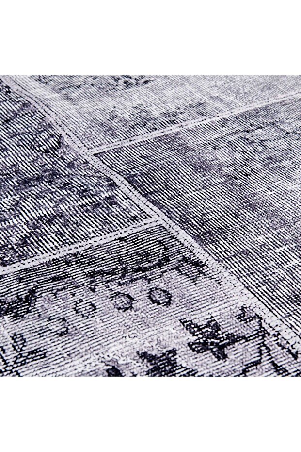 Kadife Patchwork Halı - Gri - - 2