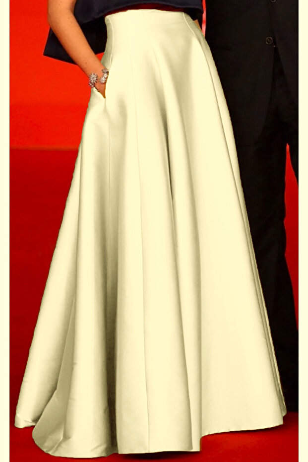Women's Ecru High Waist Maxi Long A-Line Pleated Satin Skirt with Pockets