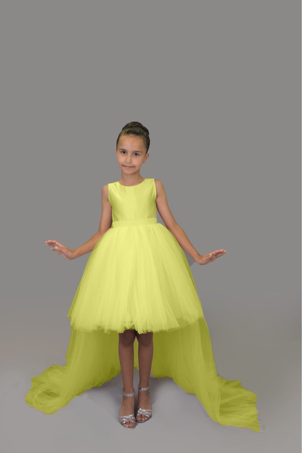 Girl's Front Short Back Long Tail Detailed Yellow Satin Prom Party Graduation Dress