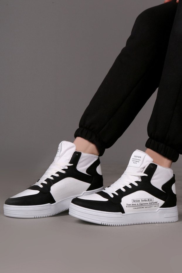 White-black High-top Sports Shoes with Piece Detail