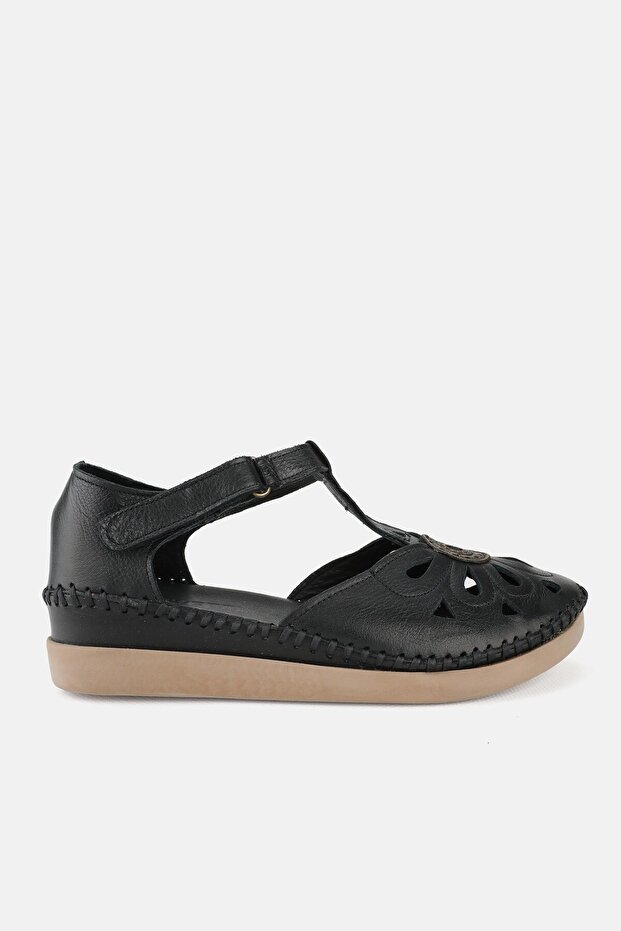 Women's Black Genuine Leather 35-41-42 Number Strapped Flat Wedge Heels Side Open Sandals