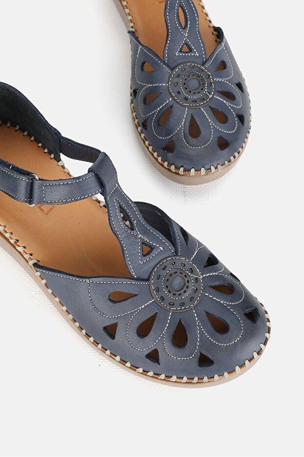 Women's Dark Blue Genuine Leather 35-41-42 Sizes Strappy Flat Wedge Heel Side Open Sandals