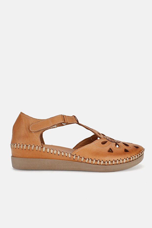 Women's Taba Khaki Leather 35-41-42 Number Strapped Flat Wedge Heels Side Open Sandals