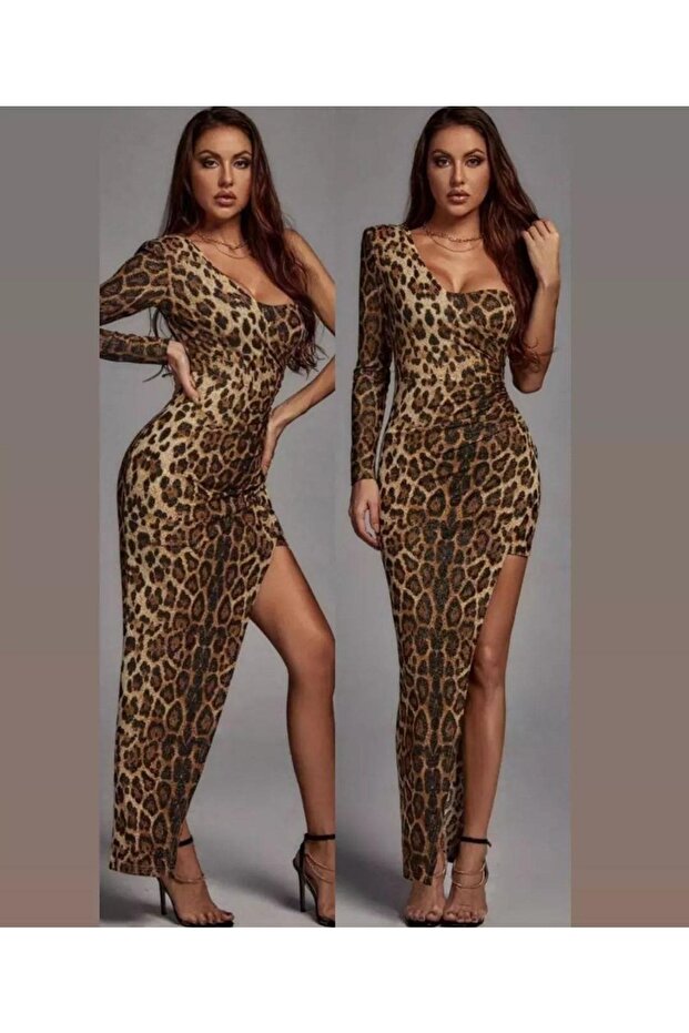 Leopard Patterned One-Sleeve Dress with Slit
