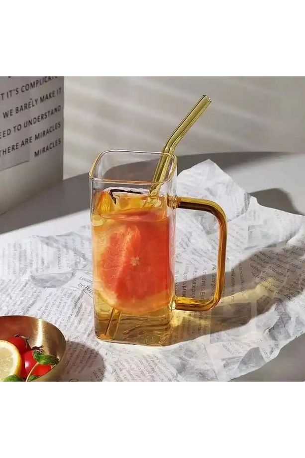 Yeni Nesil Kare Cam Sarı Kulplu Latte,meşrubat,nescafe,süt,su Bardağı 350 ml 4 Adet - 3