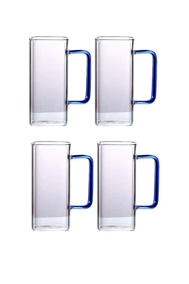 Yeni Nesil Kare Cam Mavi Kulplu Latte,meşrubat,nescafe,süt,su Bardağı 350 ml 4 Adet - 1