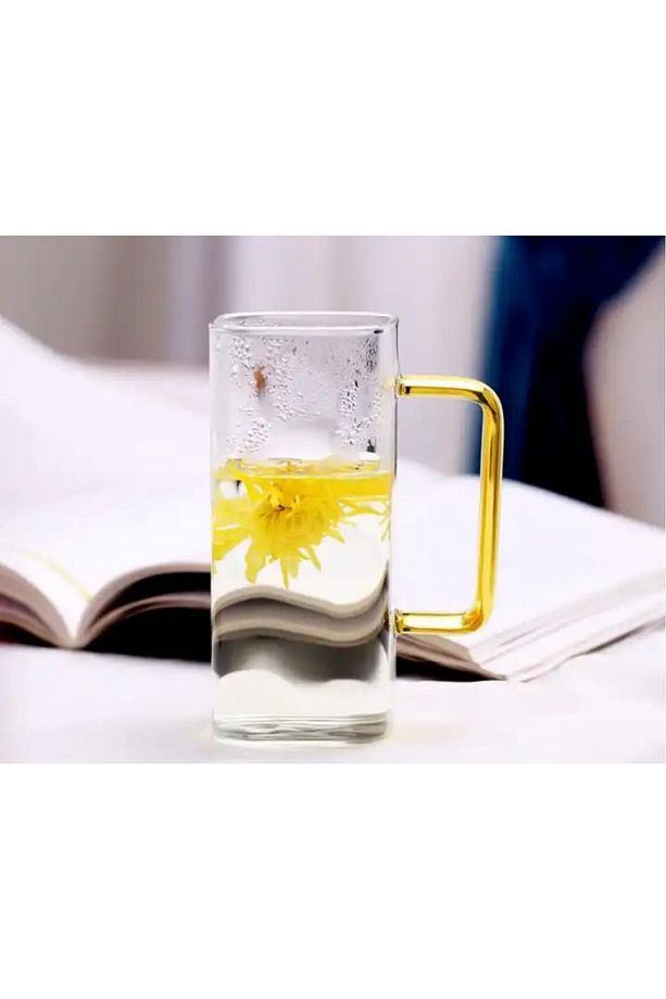 Yeni Nesil Kare Cam Sarı Kulplu Latte,meşrubat,nescafe,süt,su Bardağı 350 ml 4 Adet - 5