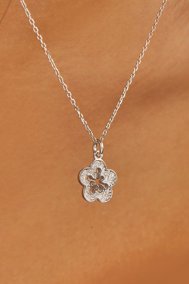 Bloomy Shine Çiçek Kolye 1 Mikron 18 Ayar Rodyum Kaplama (925 AYAR GÜMÜŞ ÜZERİNE), Zirkonyum - 1