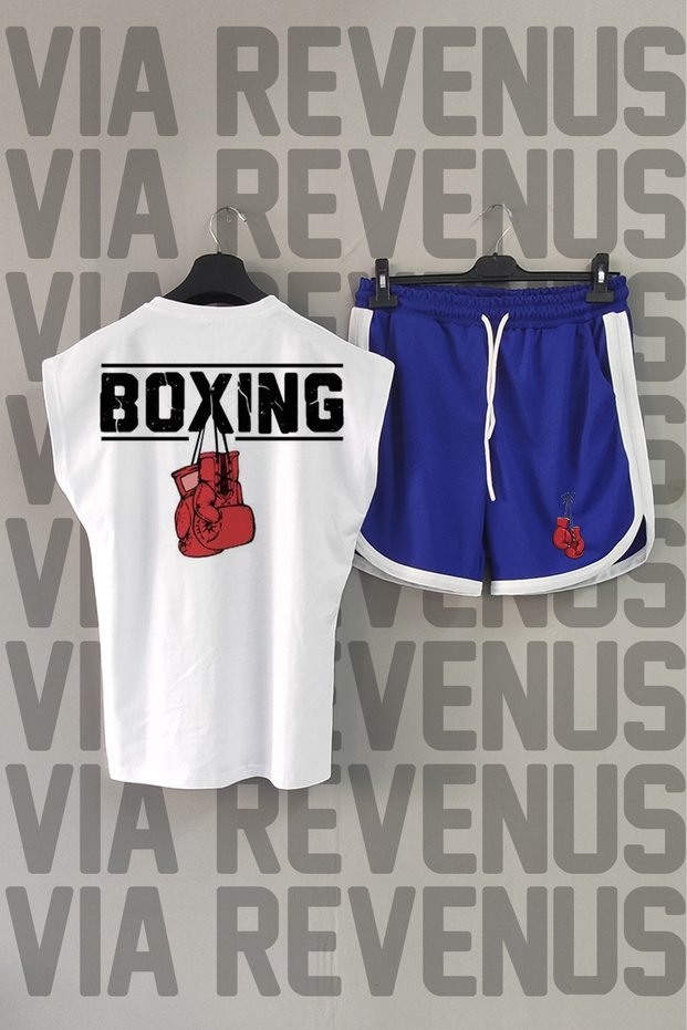 Boxing Back Printed Zero Sleeve Crew Neck White Sports Tshirt and Blue Sports Shorts Set