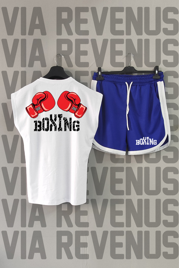 Boxing Patterned White and Blue Sports T-shirt and Shorts Set - Crew Neck, Zero Sleeve