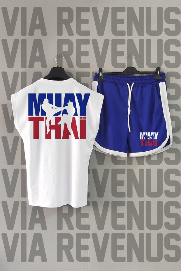 Muay Thai Back Printed Sleeveless Crew Neck White Sports T-shirt and Blue Sports Shorts Set