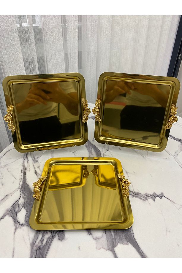 Lüx Kare 3'Lü kalın Kulplu Gold Kaplama  Model çay,kahve,ikram servis Sunum Tepsisi 21x21 cm - 1