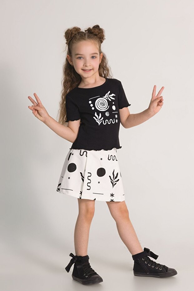 Girl's Cotton Patterned Shorts Skirt Suit