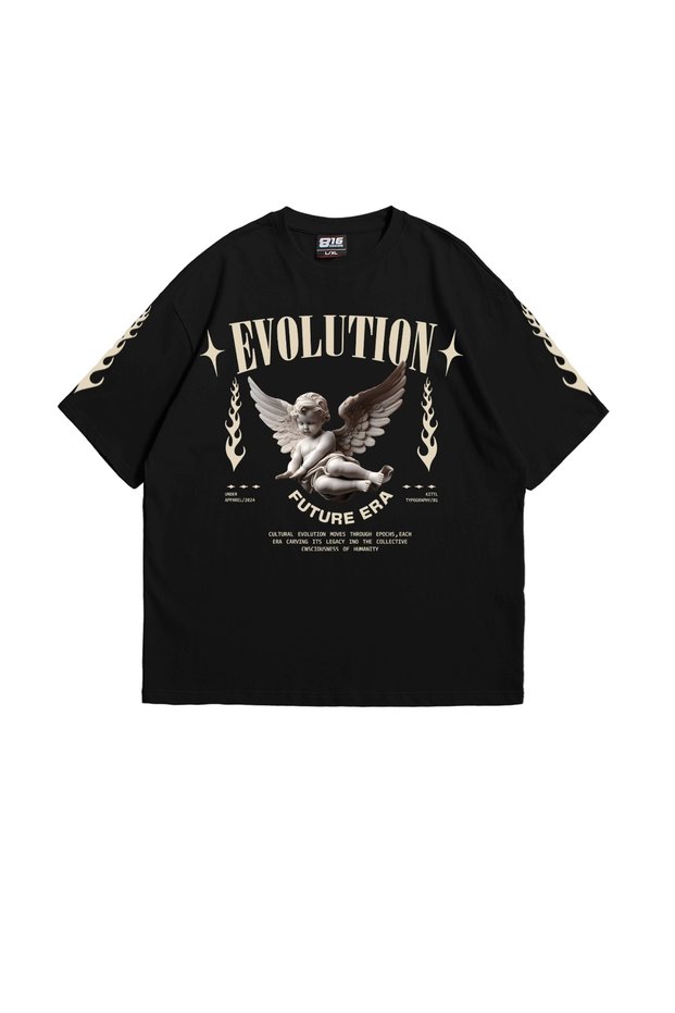 Evolution Angel V2 Printed 24/1 Oversize Unisex Black Tshirt