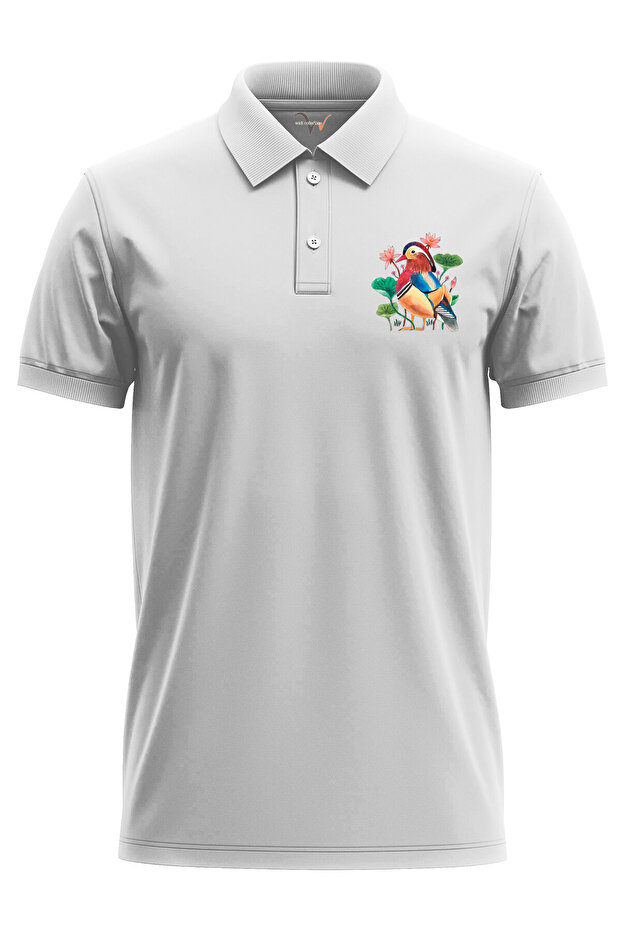 Mandarin Duck Color Printed Regular Fit 100% Cotton Polo Neck White T-Shirt