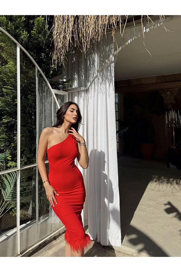 Helin Etek Ucu Tüylü Tek Kol Elbise - 3
