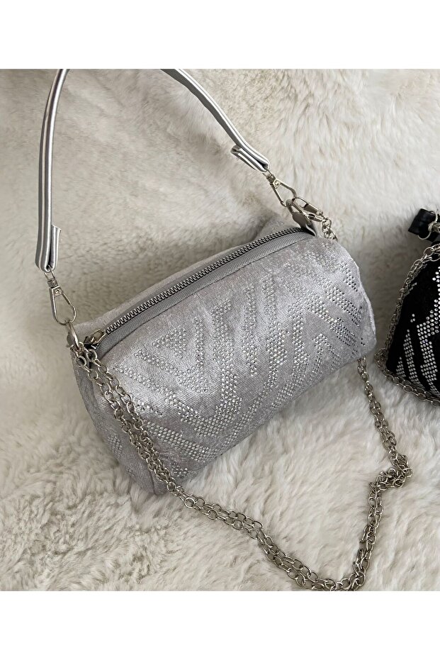 Silver Colored Shawl Patterned Night Bag - 2