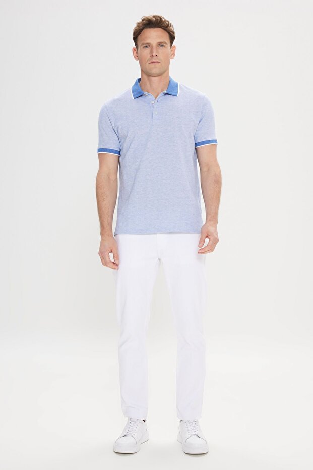 Erkek Mavi Slim Fit Dar Kesim Pamuklu Jakarlı Polo Yaka Tişört - 2