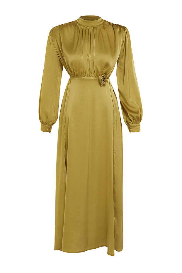 Olajzöld szatén ROSE részletesen szőtt estélyi ruha estélyi ruha TCTSS24DB00070 - 6